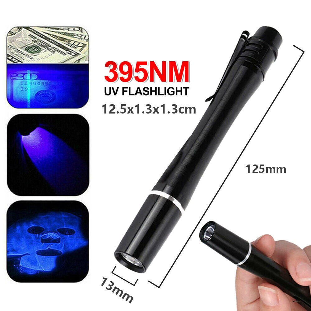 Mini UV 395nm Inspection Pen Torch in black, showcasing its slim design and metal clip.