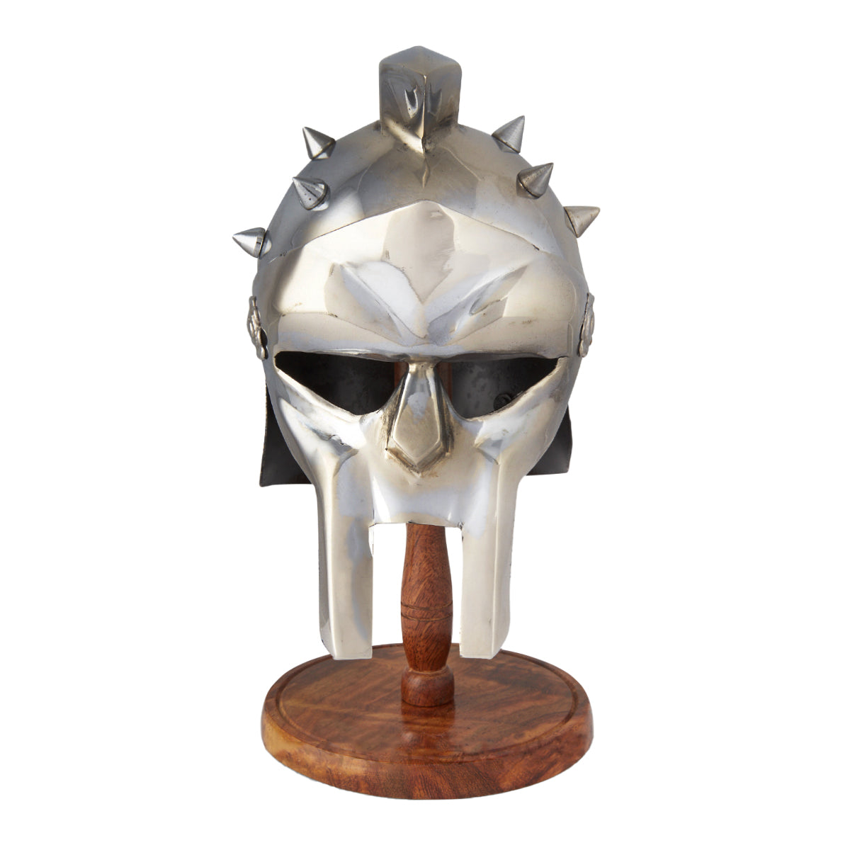 Miniature Gladiator Helmet with chrome finish displayed on a wooden stand, inspired by Maximus Decimus Meridius.