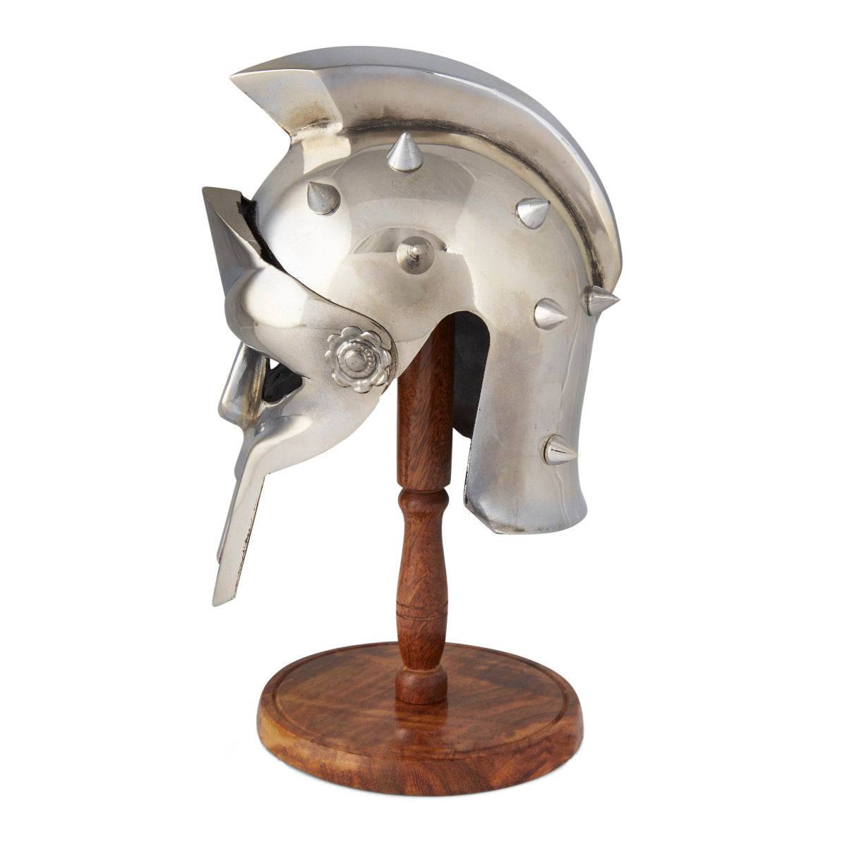 Miniature Gladiator Helmet with chrome finish displayed on a wooden stand, inspired by Maximus Decimus Meridius.