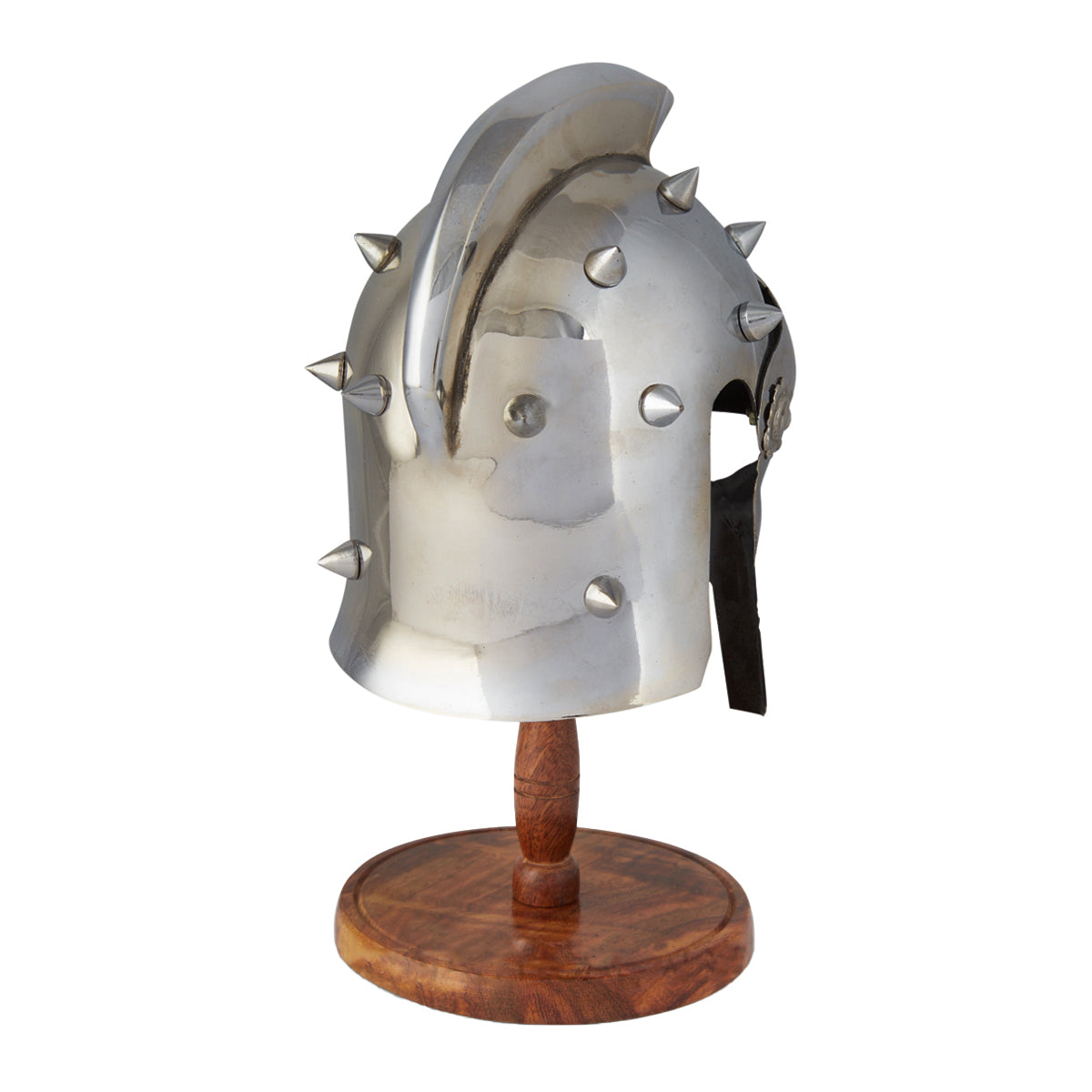 Miniature Gladiator Helmet with chrome finish displayed on a wooden stand, inspired by Maximus Decimus Meridius.