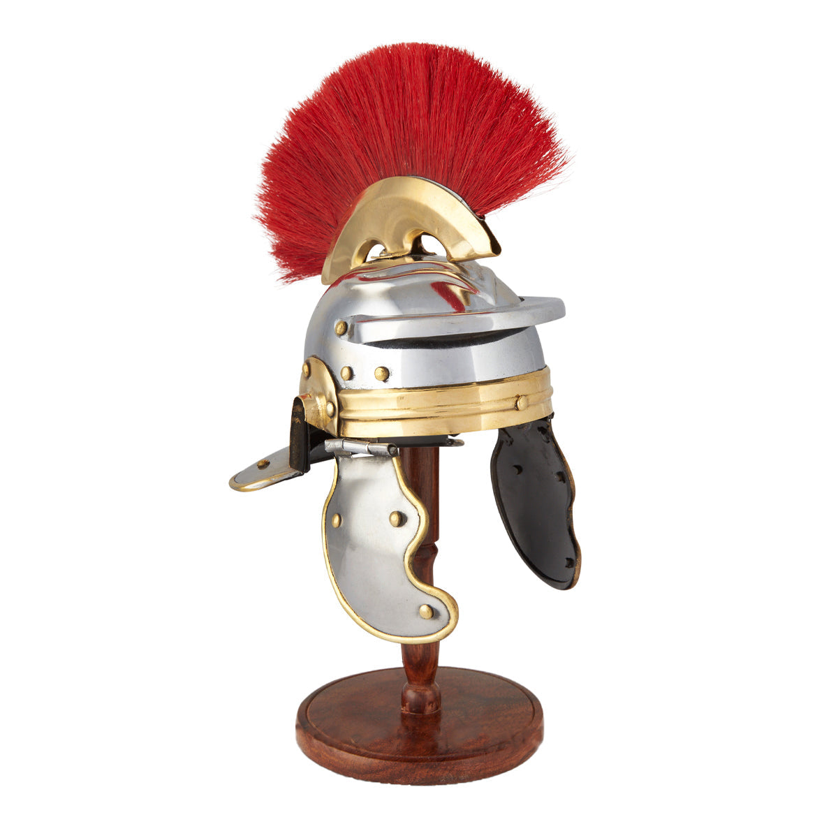 A detailed Miniature Roman Centurion Helmet with chrome and brass finish displayed on a wooden stand.