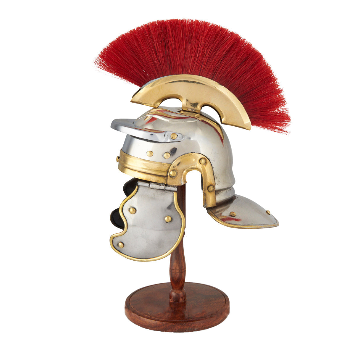 A detailed Miniature Roman Centurion Helmet with chrome and brass finish displayed on a wooden stand.