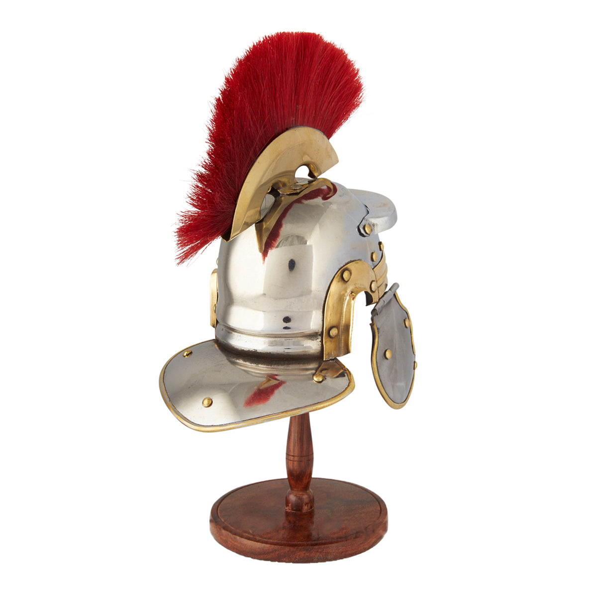 A detailed Miniature Roman Centurion Helmet with chrome and brass finish displayed on a wooden stand.