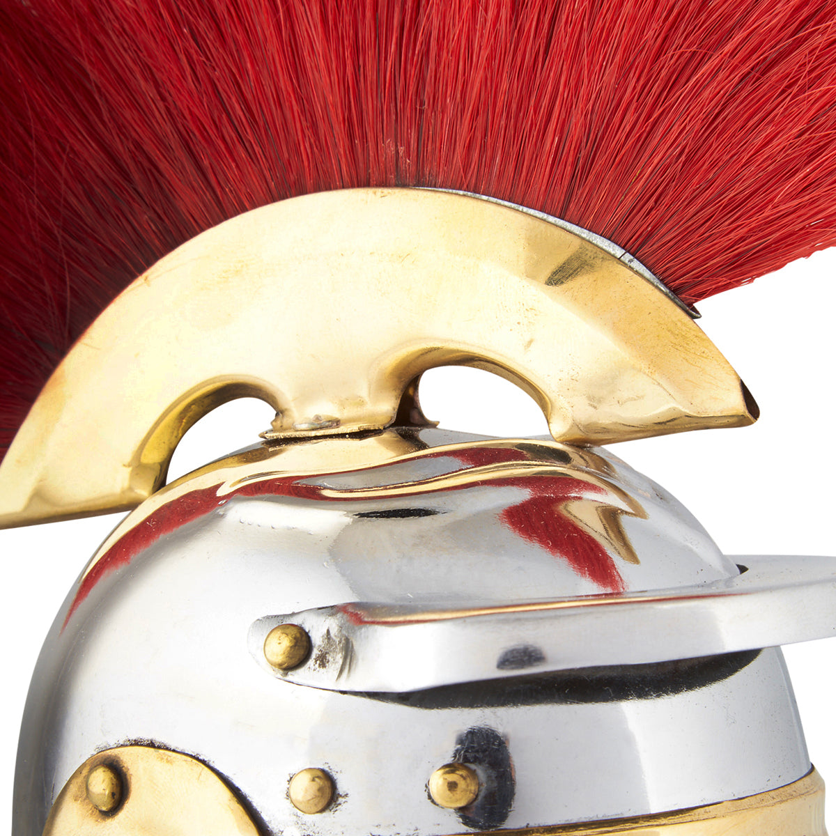 A detailed Miniature Roman Centurion Helmet with chrome and brass finish displayed on a wooden stand.