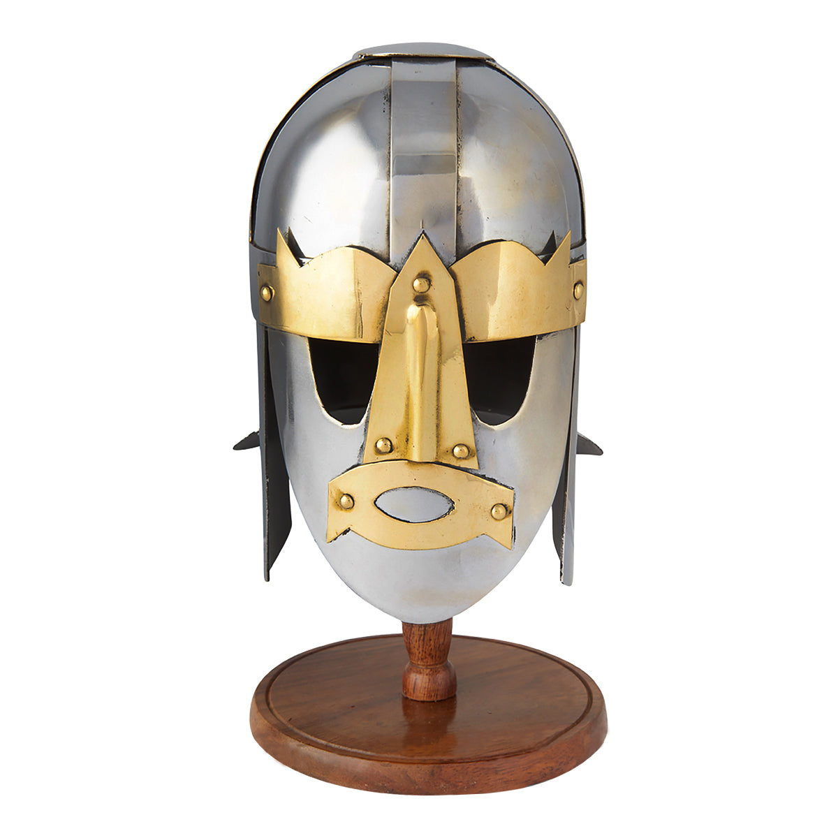 Miniature Viking Sutton Hoo Helmet with chrome and brass finish on a wooden stand, showcasing intricate details.