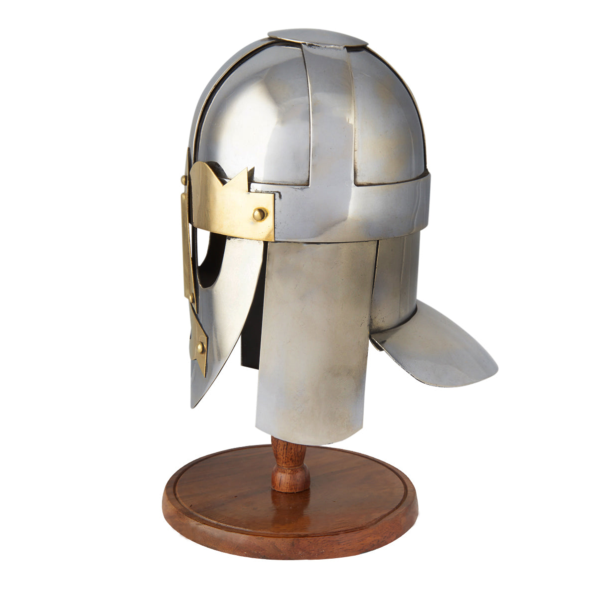 Miniature Viking Sutton Hoo Helmet with chrome and brass finish on a wooden stand, showcasing intricate details.