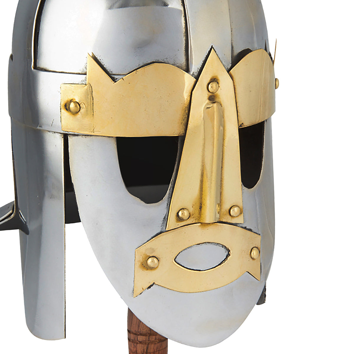 Miniature Viking Sutton Hoo Helmet with chrome and brass finish on a wooden stand, showcasing intricate details.