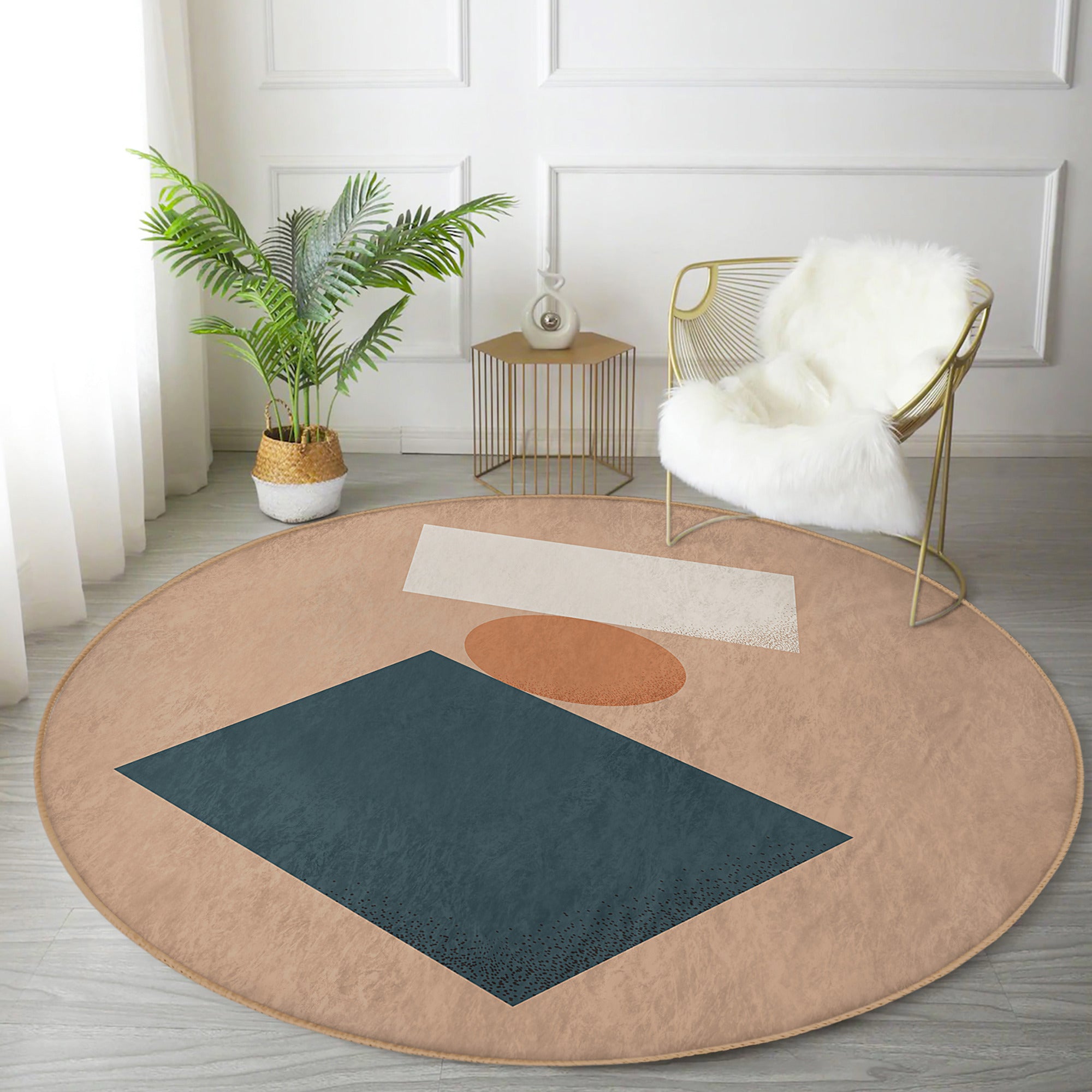 A stylish minimalist brown round rug placed in a modern living room, showcasing its soft velvet texture and elegant design.