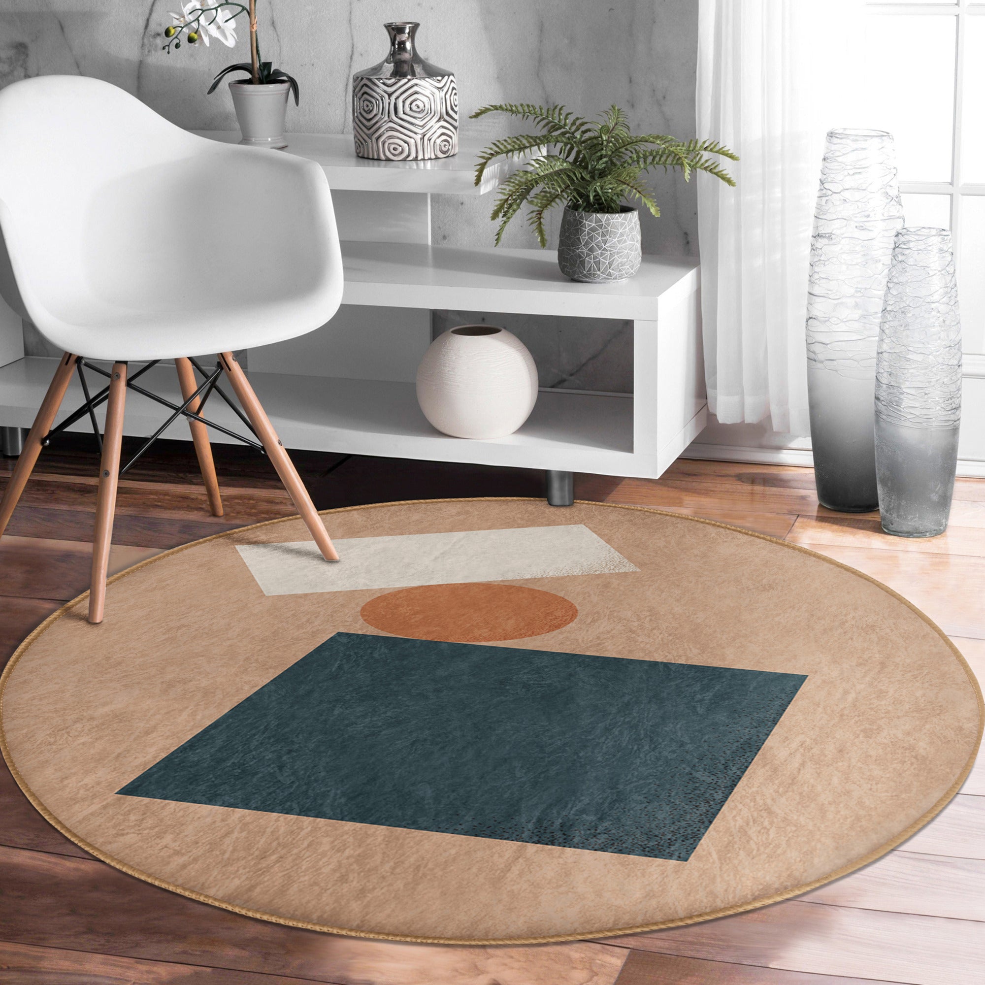 A stylish minimalist brown round rug placed in a modern living room, showcasing its soft velvet texture and elegant design.