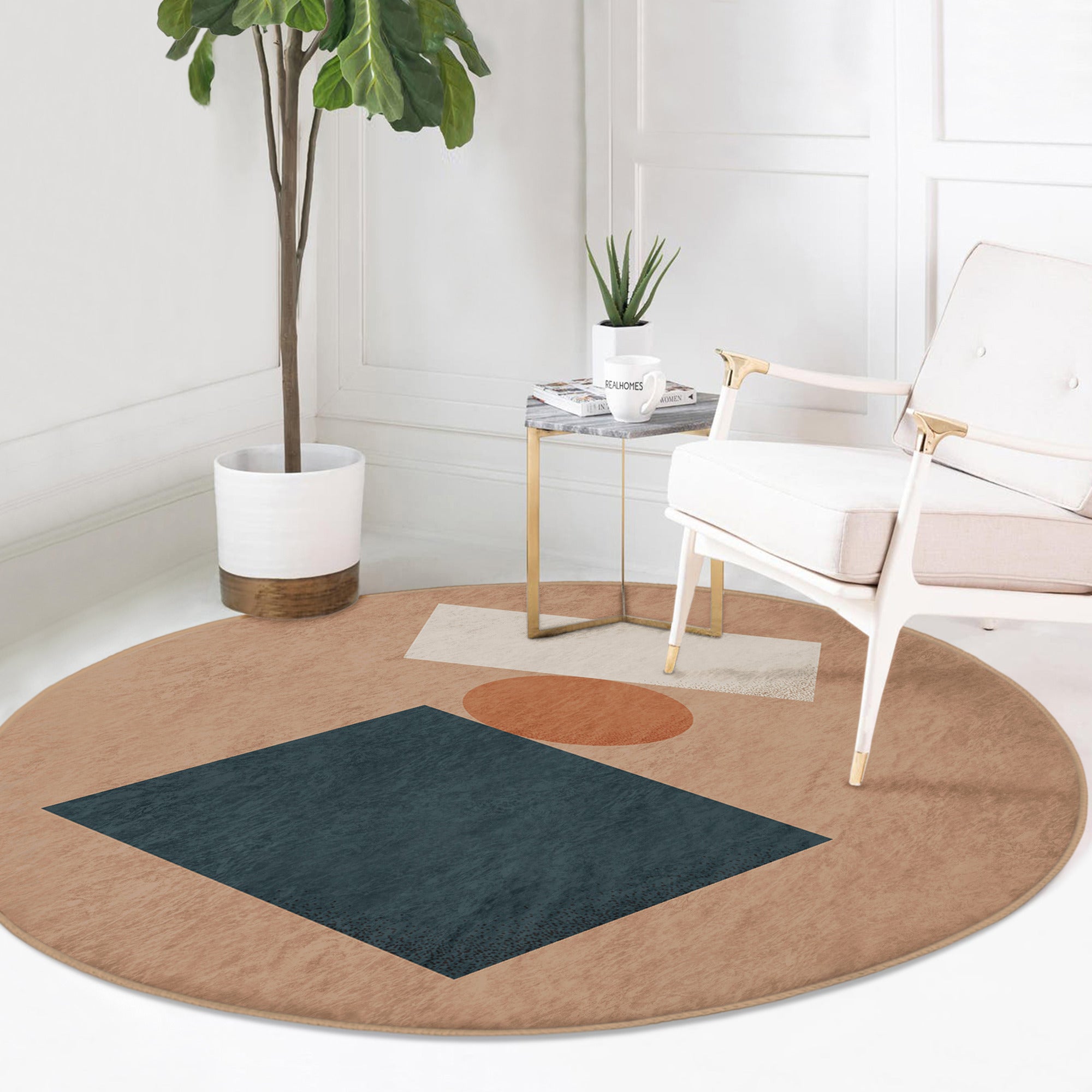 A stylish minimalist brown round rug placed in a modern living room, showcasing its soft velvet texture and elegant design.