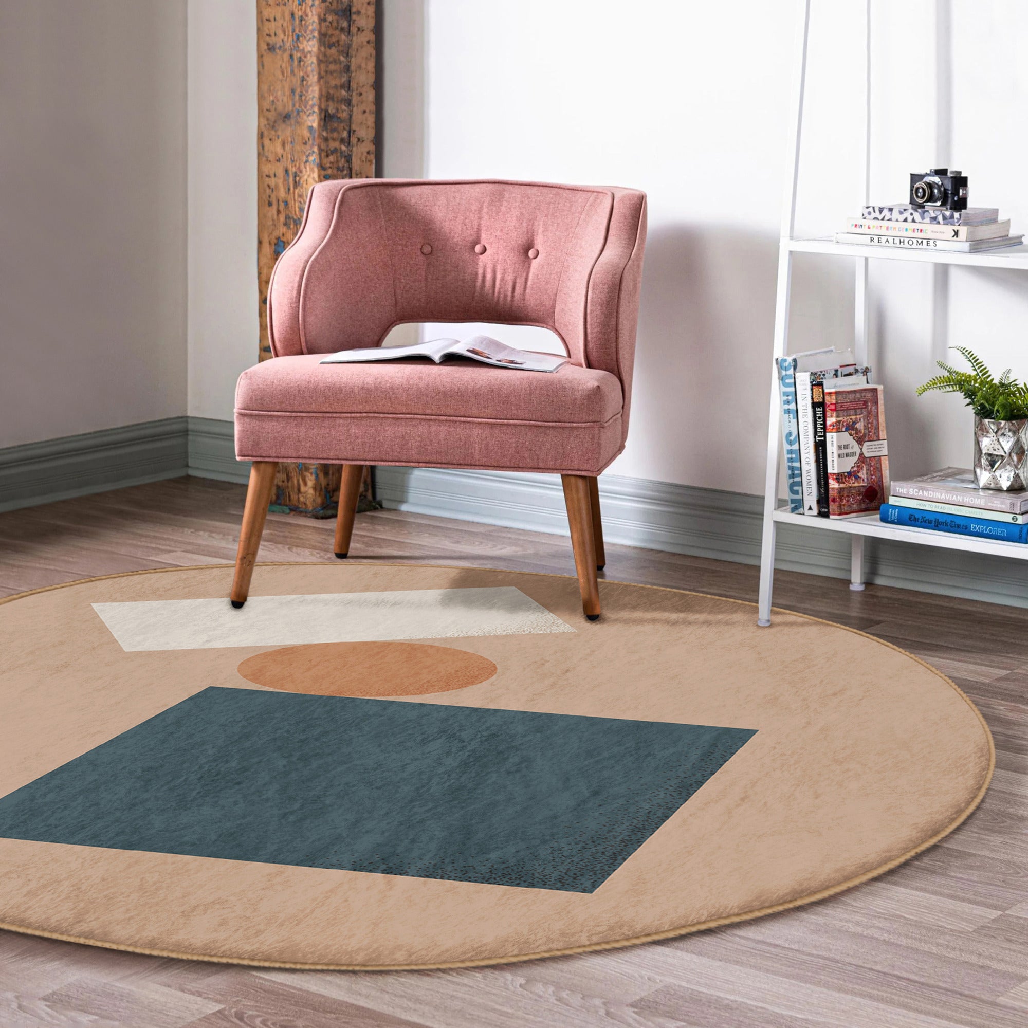 A stylish minimalist brown round rug placed in a modern living room, showcasing its soft velvet texture and elegant design.