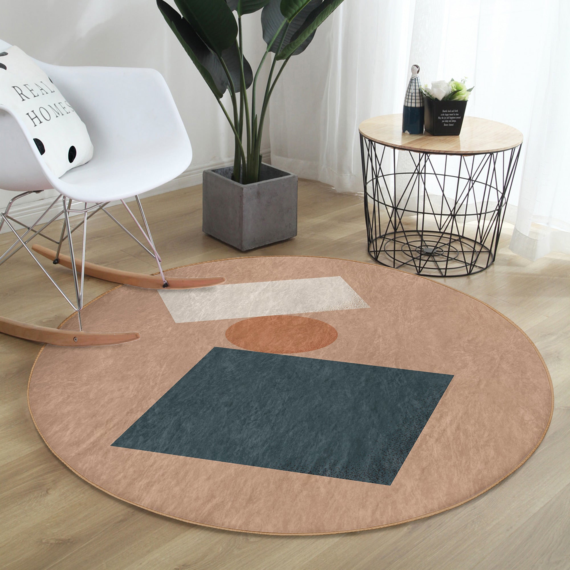 A stylish minimalist brown round rug placed in a modern living room, showcasing its soft velvet texture and elegant design.