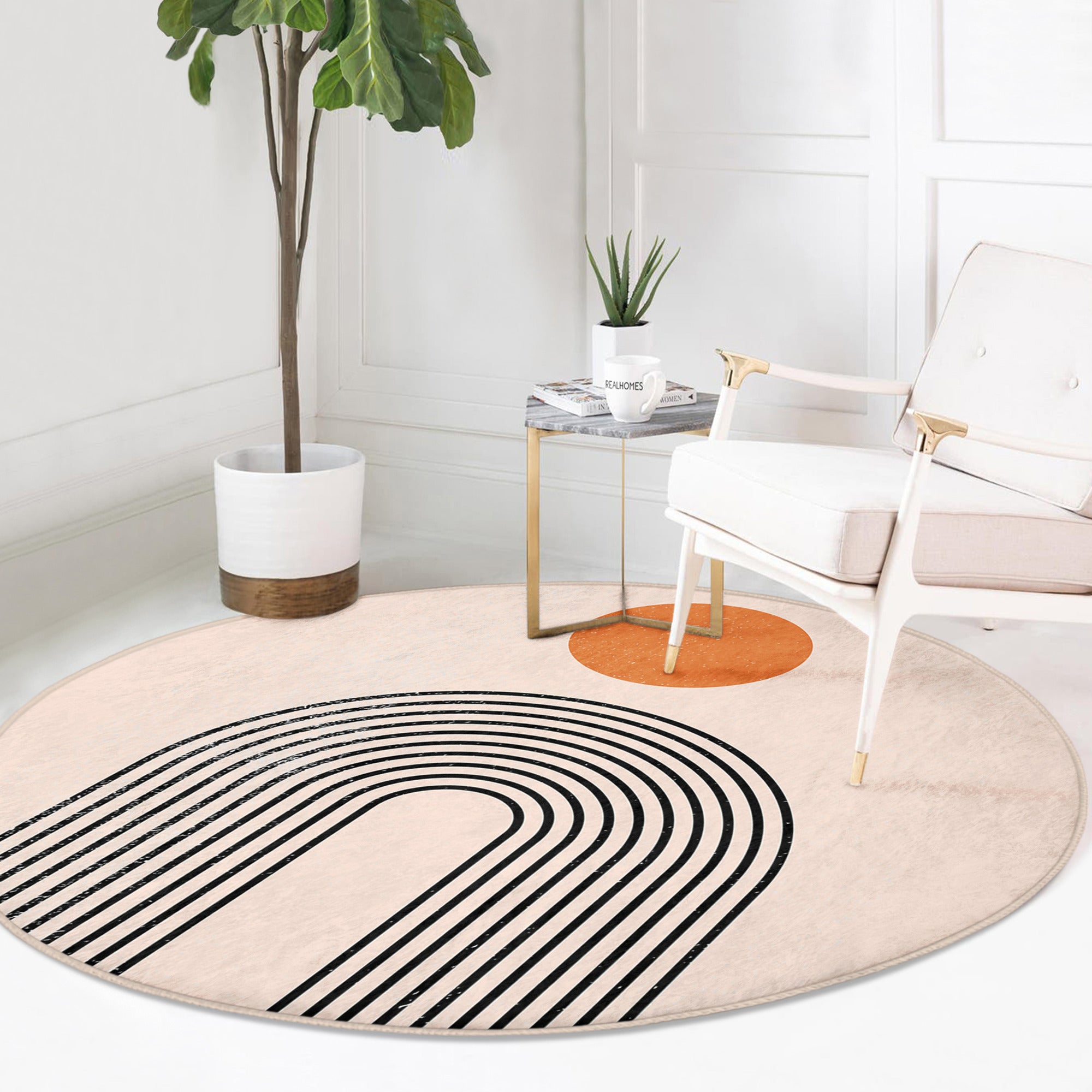 A stylish minimalist round rug in soft velvet fabric, showcasing a modern design suitable for living room decor.