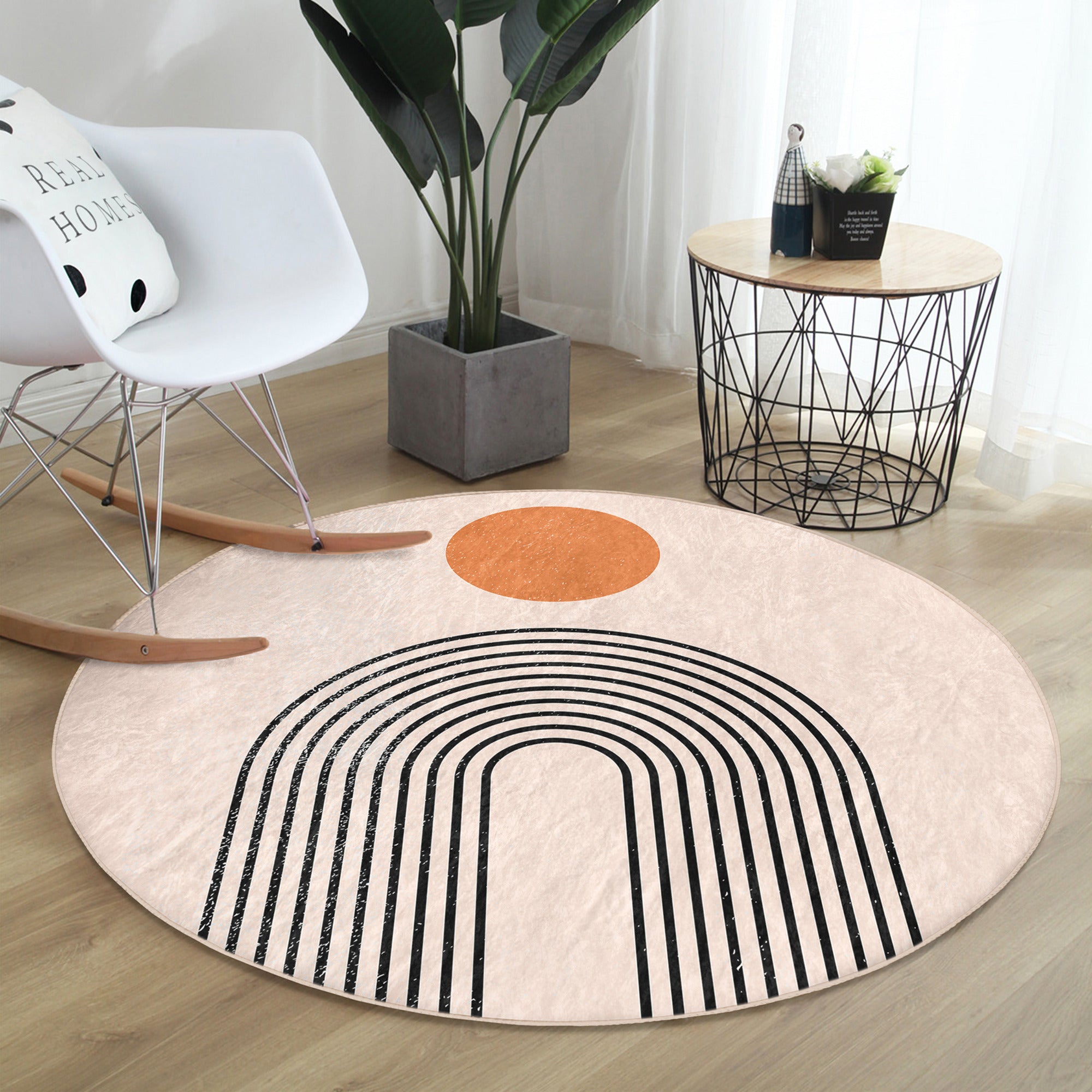 A stylish minimalist round rug in soft velvet fabric, showcasing a modern design suitable for living room decor.