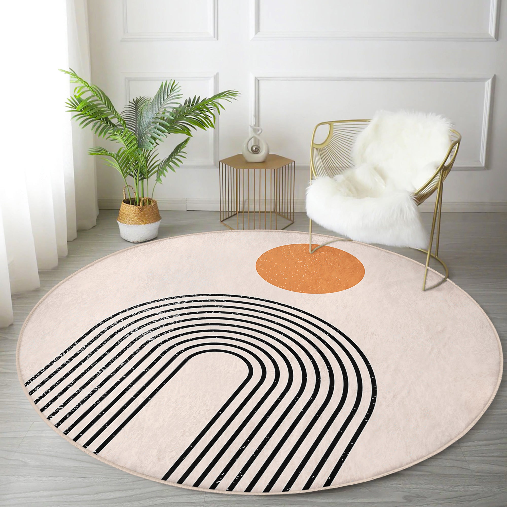 A stylish minimalist round rug in soft velvet fabric, showcasing a modern design suitable for living room decor.