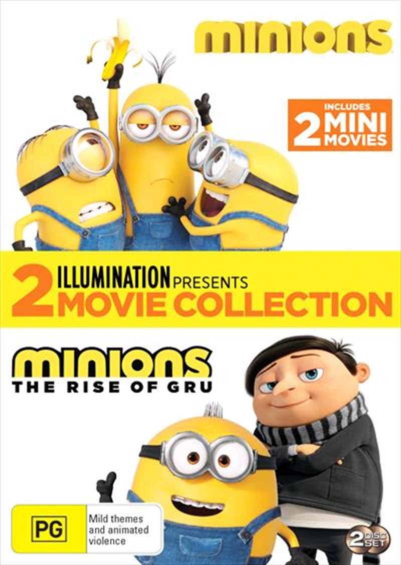 Minions - The Rise Of Gru DVD pack featuring two animated movies showcasing the Minions and Gru's adventures.