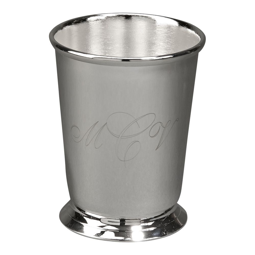 Elegant silver tone Mint Julep Style Cup with rolled edge, perfect for cocktails and drinks.