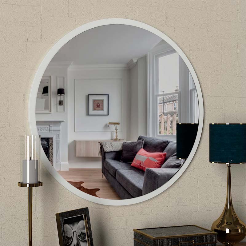 BELLISIMA White Wall Mirror measuring 59x2x59cm with a sleek melamine finish, ideal for home and business decor.