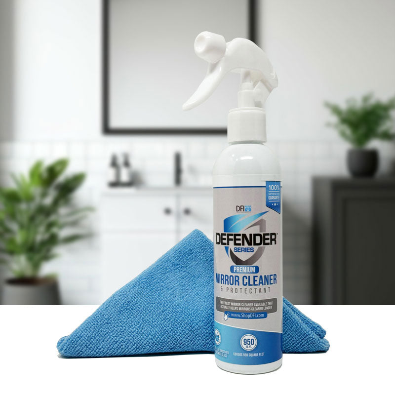 A bottle of Mirror Cleaner and Protectant with a sleek design, showcasing its advanced formula for cleaning and protecting mirrors.