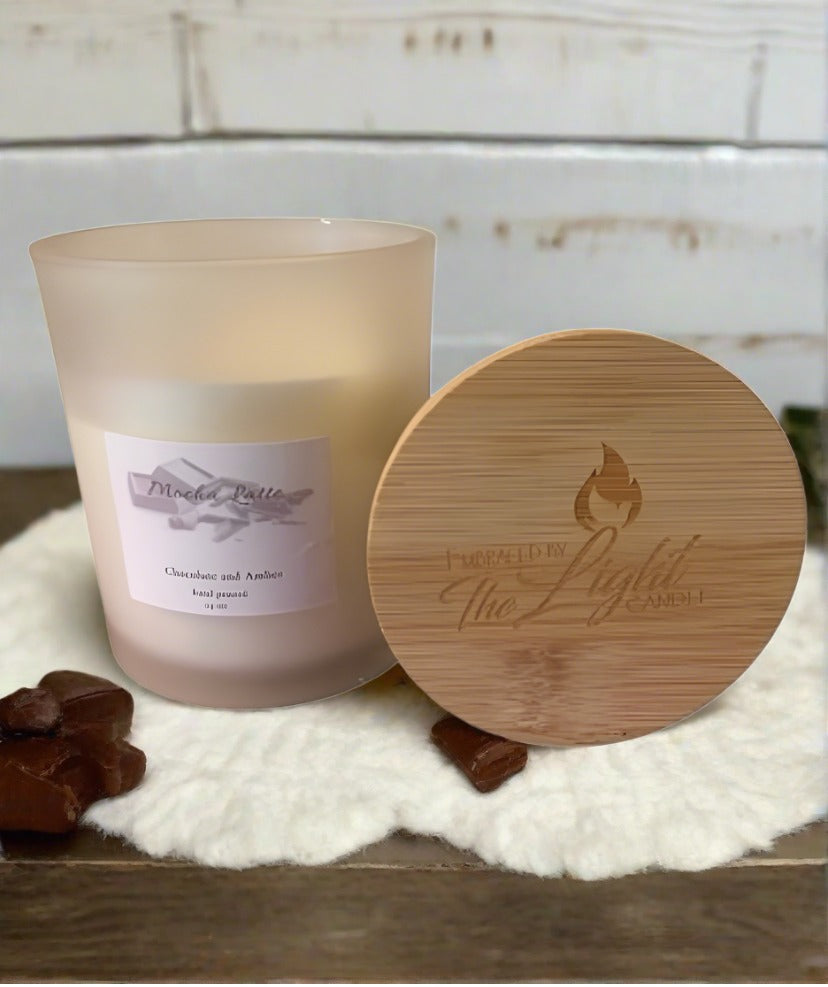 Mocha Latta 14oz Soy Blend Candle with a warm coffee and chocolate scent, elegantly packaged for a cozy ambiance.