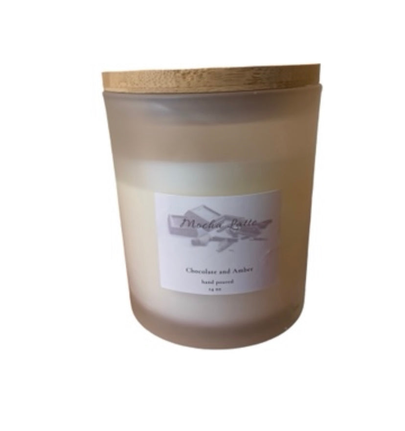 Mocha Latta 14oz Soy Blend Candle with a warm coffee and chocolate scent, elegantly packaged for a cozy ambiance.