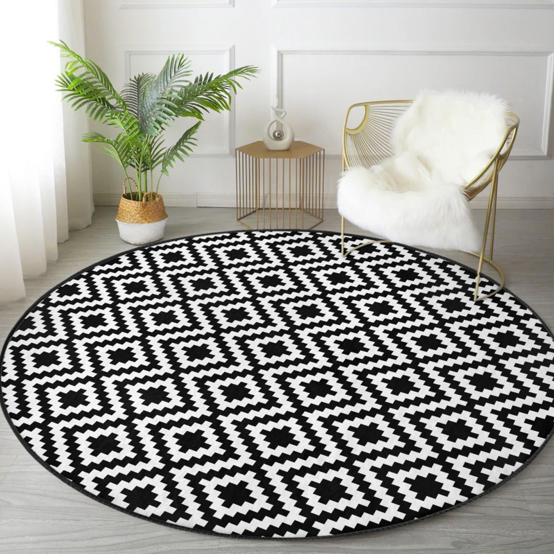 Homeezone Modern Decorative Washable Round Rug in soft shiny velvet, showcasing its elegant design and vibrant colors.