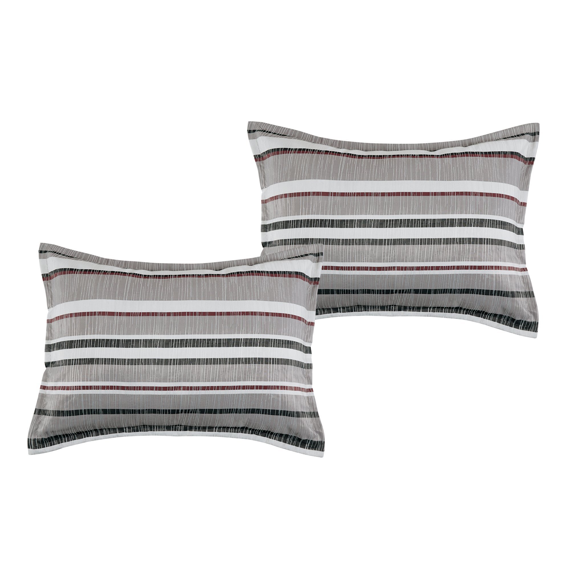 Modern Gray Bella Striped Comforter Set displayed on a bed, featuring elegant striped patterns and plush cushions.