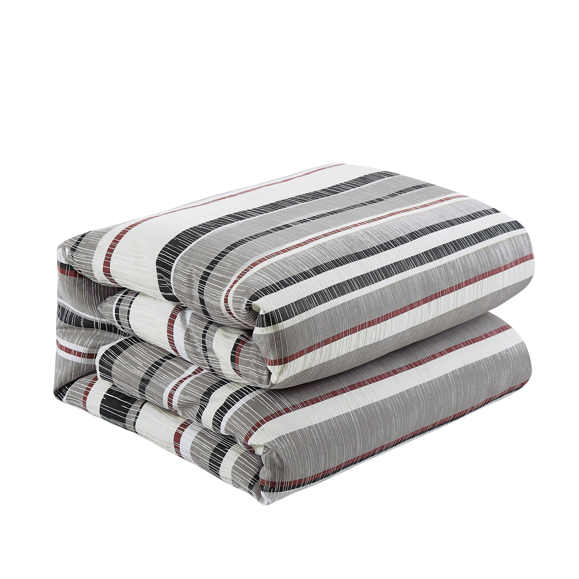 Modern Gray Bella Striped Comforter Set displayed on a bed, featuring elegant striped patterns and plush cushions.