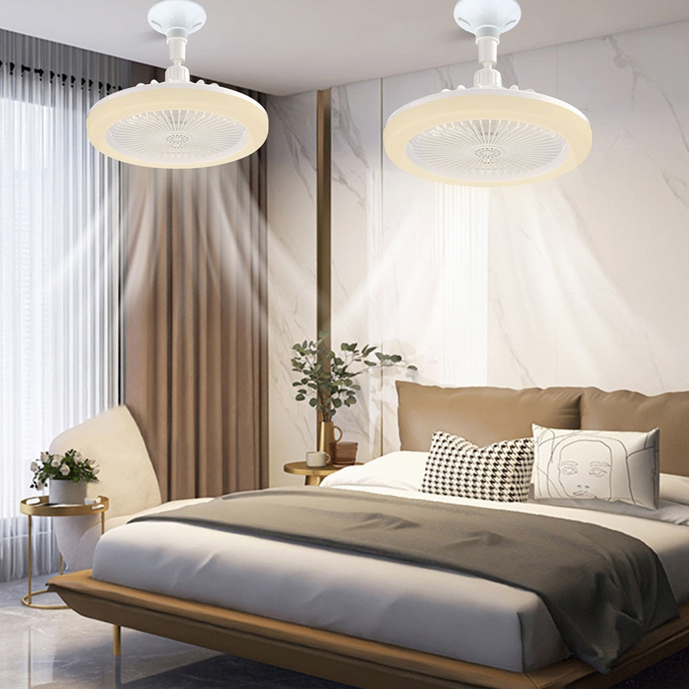 Modern LED ceiling fan with integrated light and remote control, featuring a sleek design suitable for various home interiors.