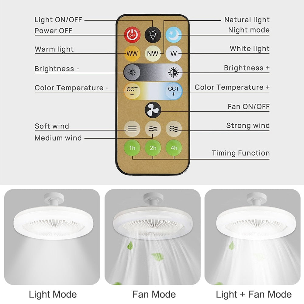 Modern LED ceiling fan with integrated light and remote control, featuring a sleek design suitable for various home interiors.