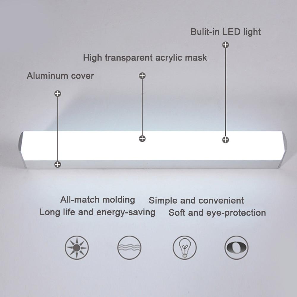 Modern LED Mirror Light in stainless steel, waterproof design, wall-mounted fixture for bathroom lighting.