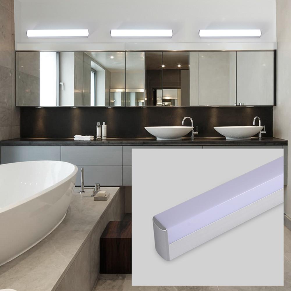 Modern LED Mirror Light in stainless steel, waterproof design, wall-mounted fixture for bathroom lighting.