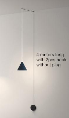 Modern pendant light featuring a black metal cone shape with a long wire, ideal for stylish home and commercial decor.