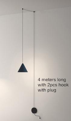 Modern pendant light featuring a black metal cone shape with a long wire, ideal for stylish home and commercial decor.