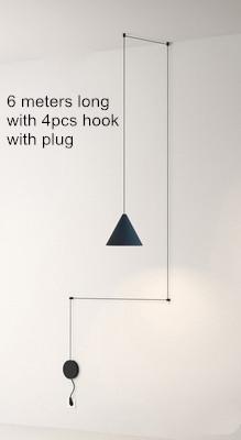 Modern pendant light featuring a black metal cone shape with a long wire, ideal for stylish home and commercial decor.