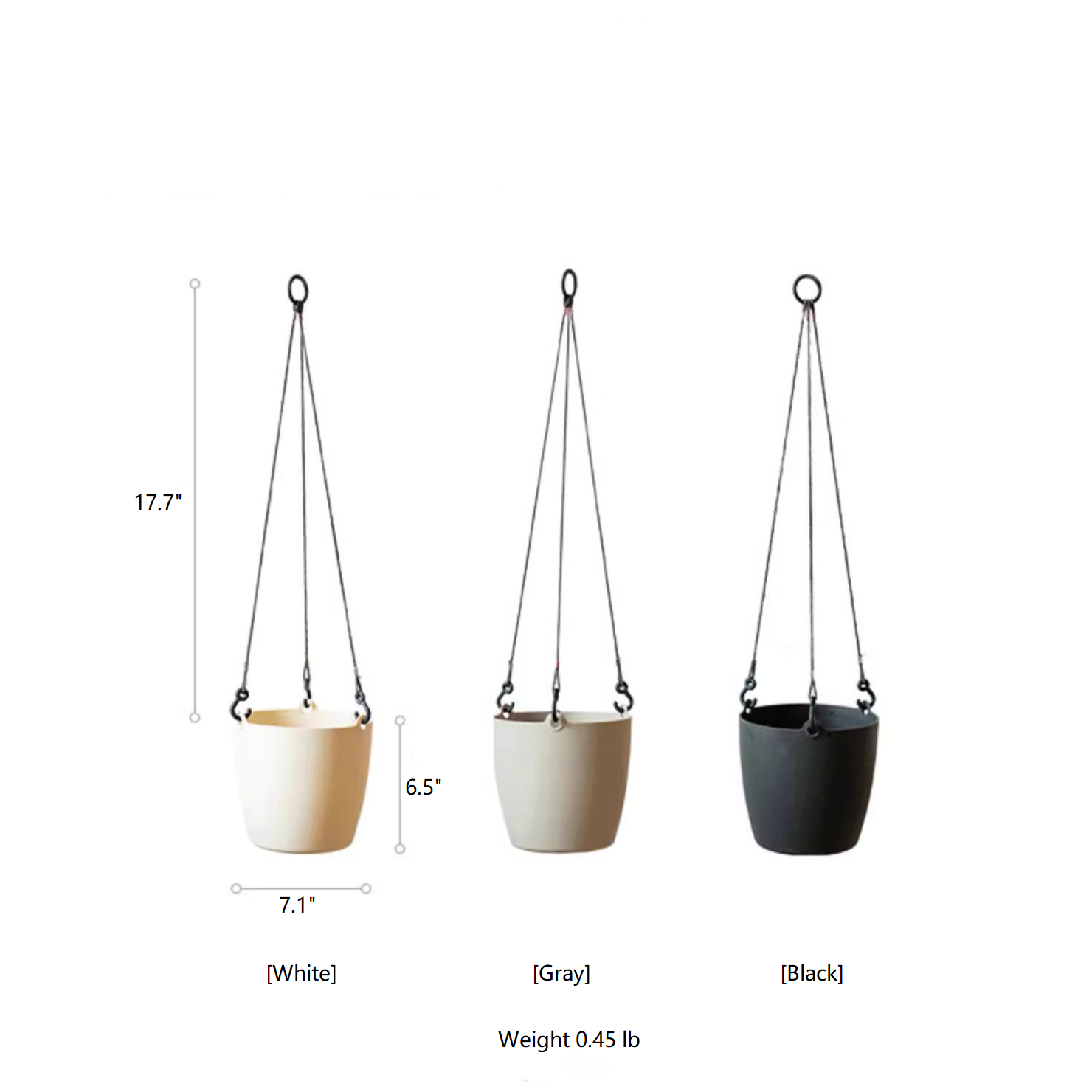 Modern resin hanging planter in black, light gray, and white, featuring a nylon rope and metal hook, designed for artificial plants.