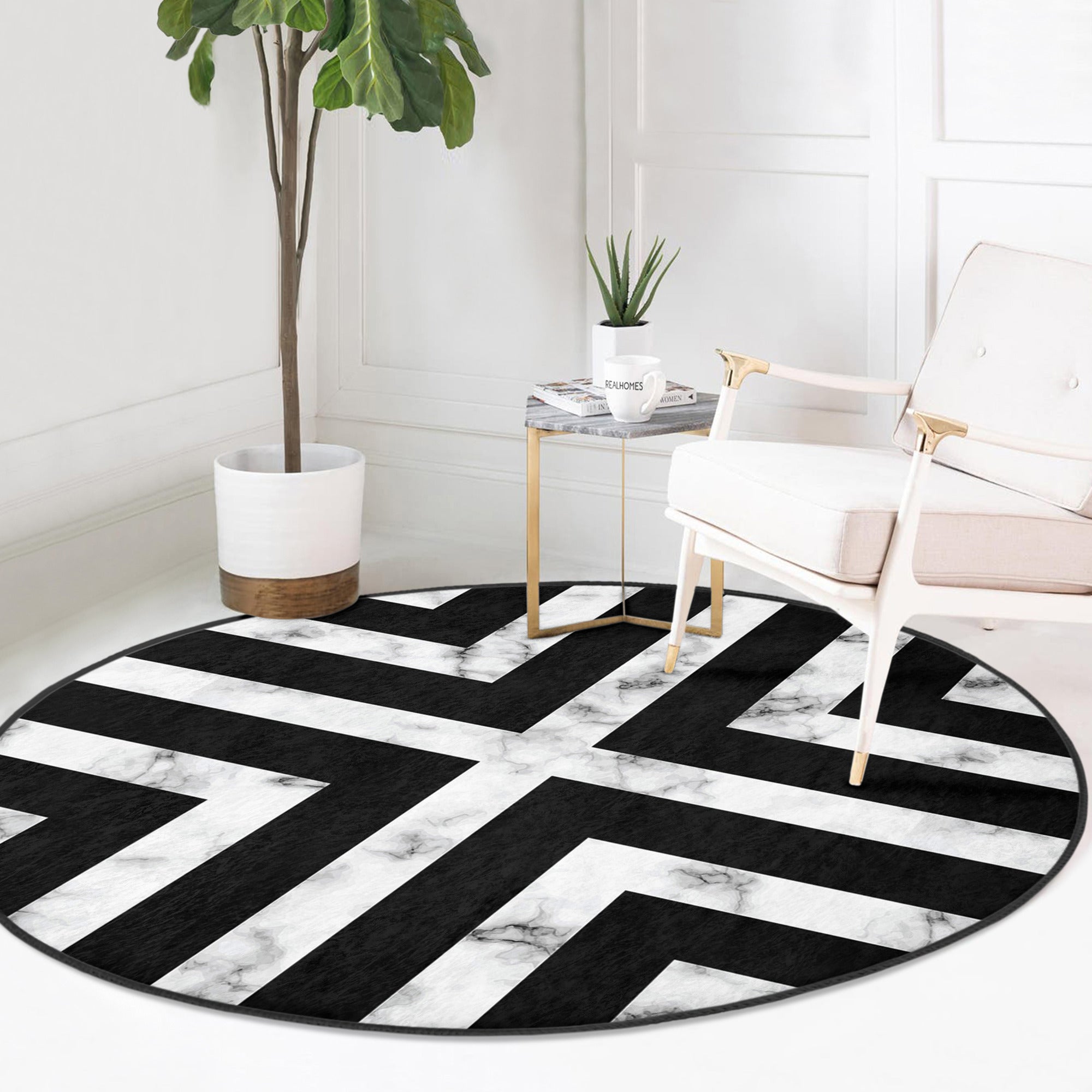 Modern round rug in black and white design, showcasing a soft velvet texture and non-slip backing, perfect for living room decor.