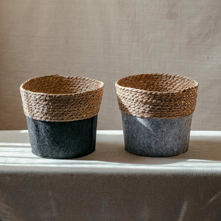 Modern Straw Gray Basket Organizer with round shape, made from bulrush and hemp rope, perfect for desktop organization.