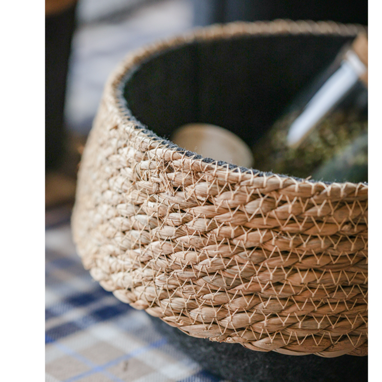 Modern Straw Gray Basket Organizer with round shape, made from bulrush and hemp rope, perfect for desktop organization.