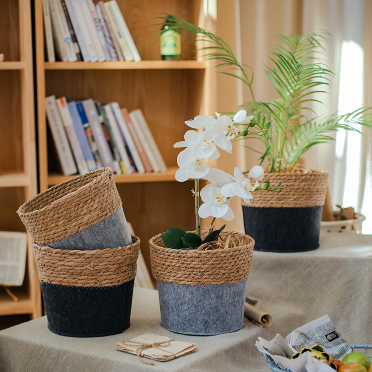 Modern Straw Gray Basket Organizer with round shape, made from bulrush and hemp rope, perfect for desktop organization.