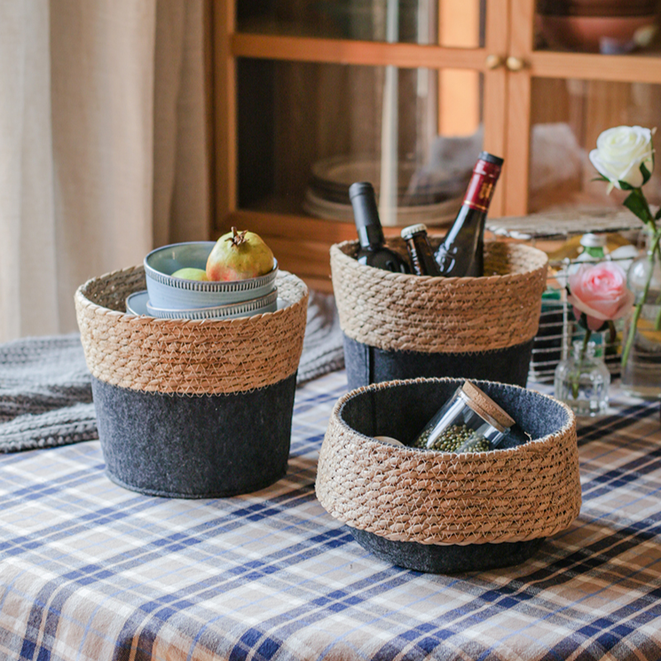 Modern Straw Gray Basket Organizer with round shape, made from bulrush and hemp rope, perfect for desktop organization.