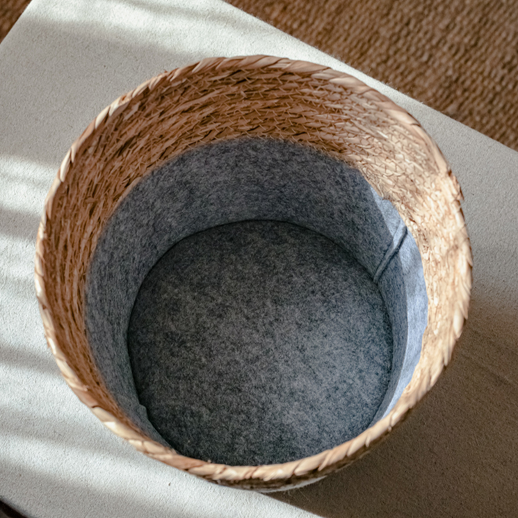 Modern Straw Gray Basket Organizer with round shape, made from bulrush and hemp rope, perfect for desktop organization.