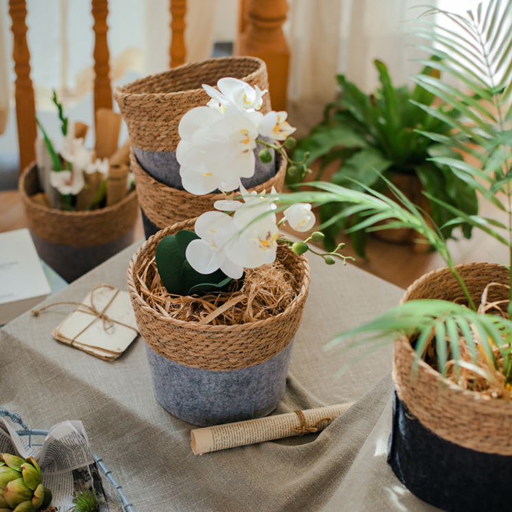 Modern Straw Gray Basket Organizer with round shape, made from bulrush and hemp rope, perfect for desktop organization.