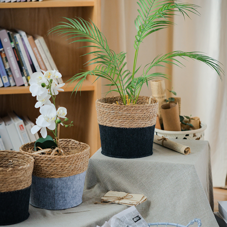 Modern Straw Gray Basket Organizer with round shape, made from bulrush and hemp rope, perfect for desktop organization.