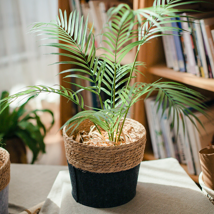 Modern Straw Gray Basket Organizer with round shape, made from bulrush and hemp rope, perfect for desktop organization.