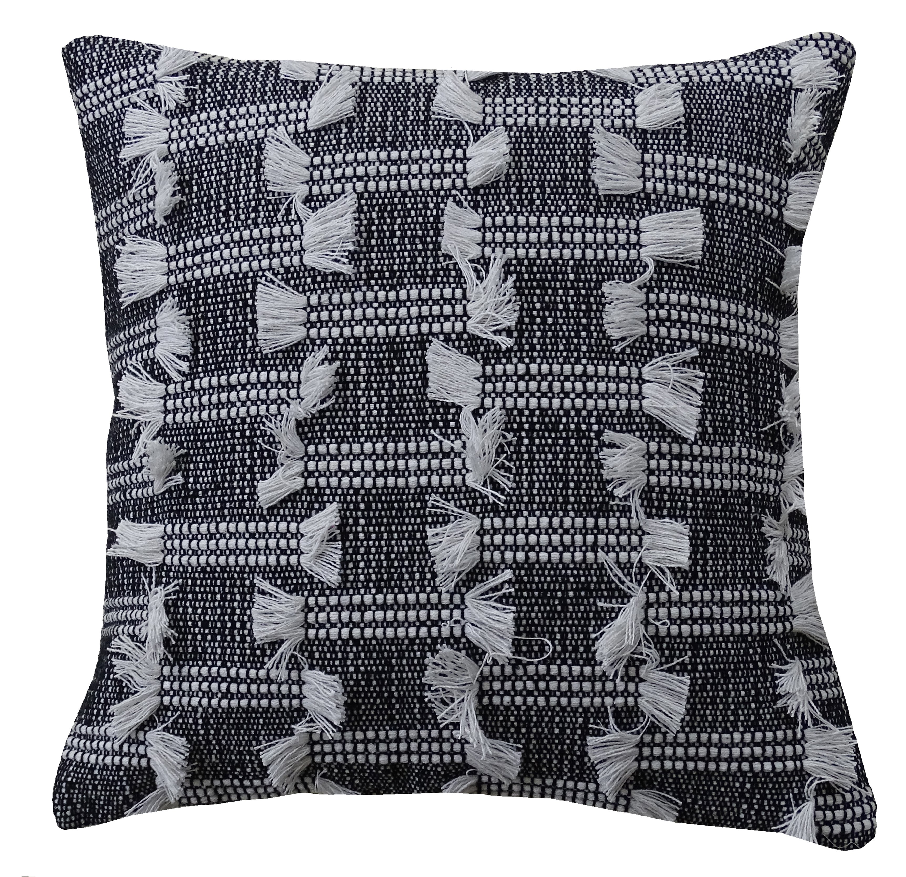 Modern 20x20 throw pillow in black and white handloom woven fabric, featuring a zipper closure and plush insert.