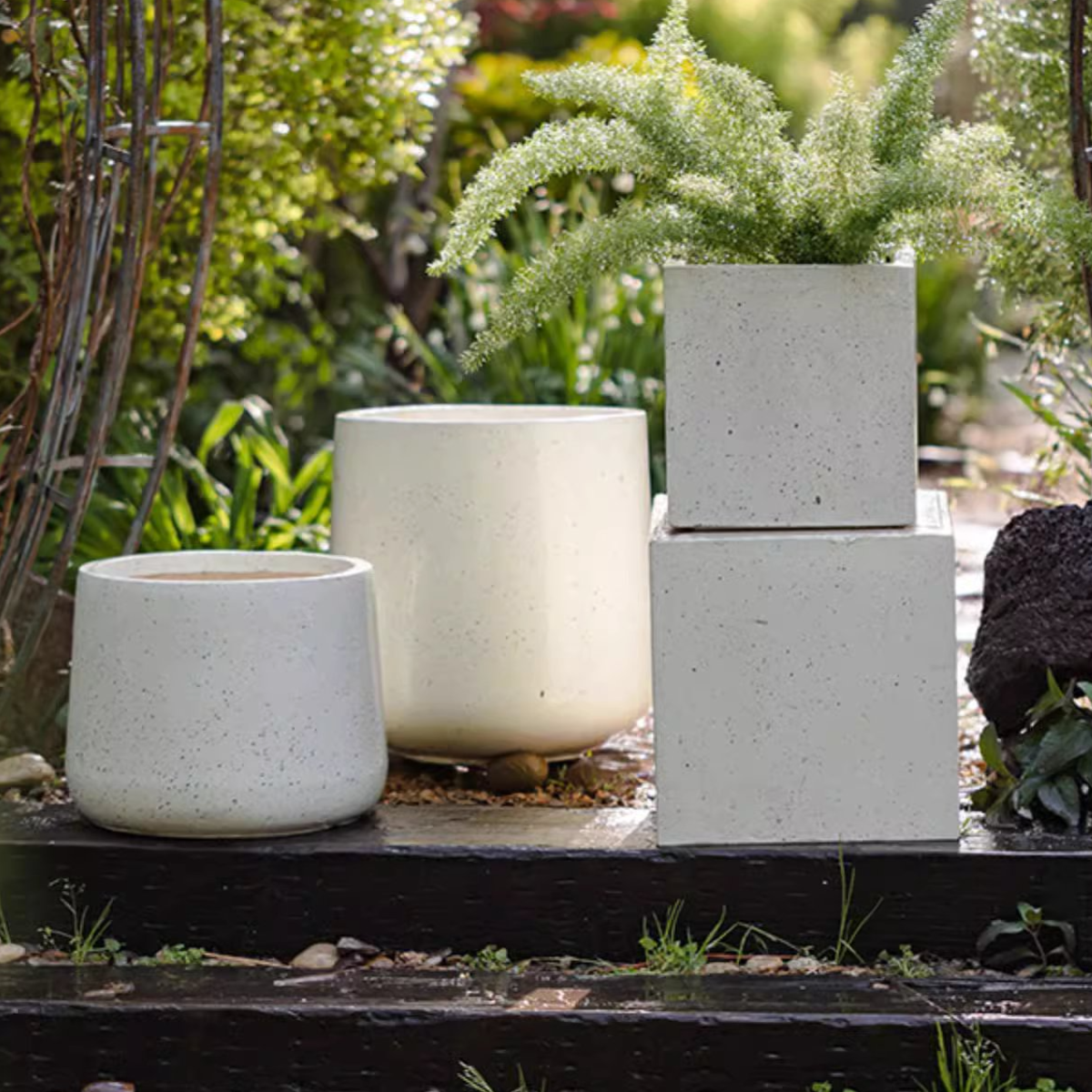 Modern White Square Planter made of magnesium oxide, featuring a sleek design and drainage hole, perfect for indoor and outdoor plants.