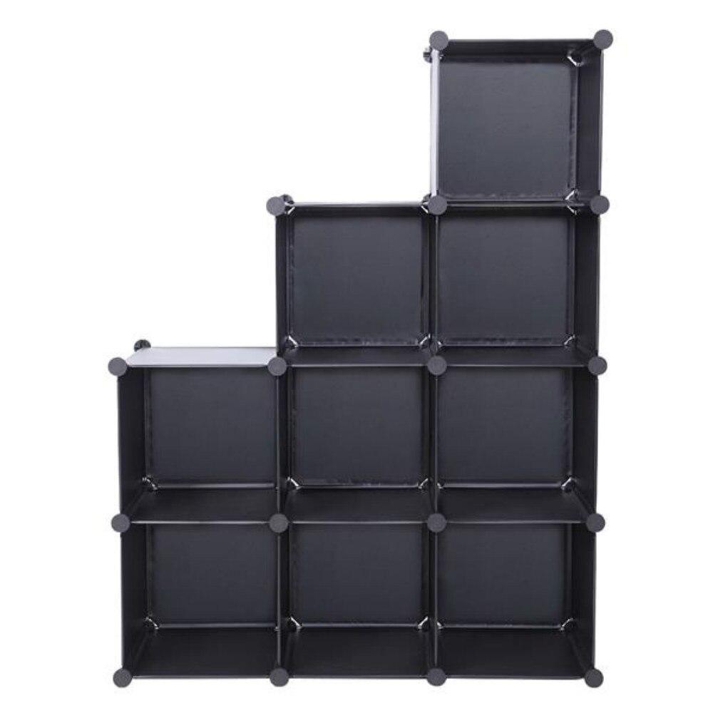 Modular Cube Storage Unit featuring nine black cubes, durable metal frame, and eco-friendly materials, ideal for organizing living spaces.