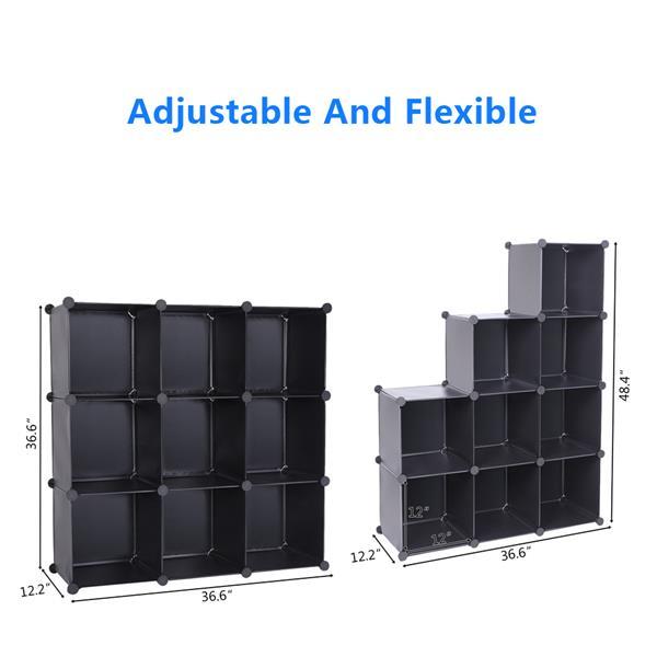 Modular Cube Storage Unit featuring nine black cubes, durable metal frame, and eco-friendly materials, ideal for organizing living spaces.