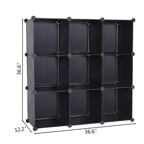 Modular Cube Storage Unit featuring nine black cubes, durable metal frame, and eco-friendly materials, ideal for organizing living spaces.